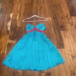 Voom By Joy Han 100% Silk Green Red Polka Dot Dress Sz Small V Neck Strappy
